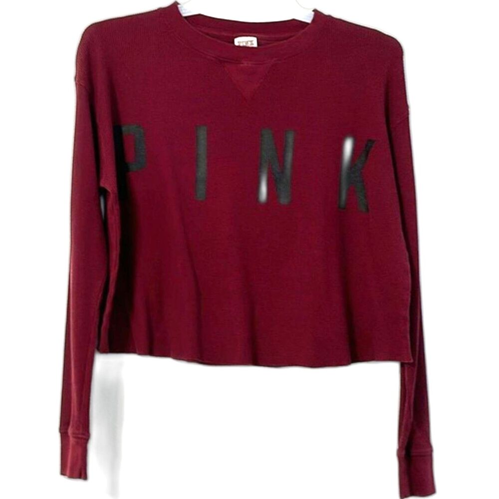 VIctorias Secret Pink Cropped Crew Neck Shirt Size Small Waffle Knit Oversized